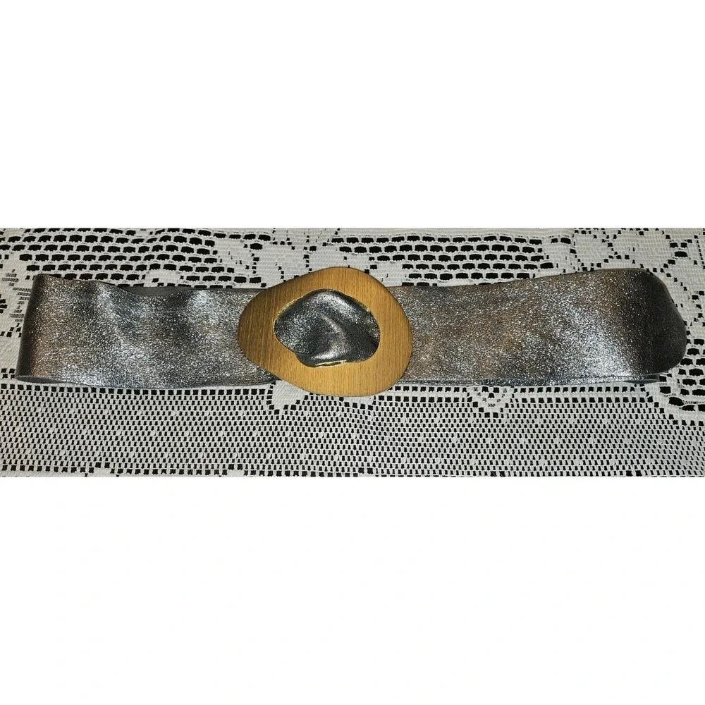 Art Deco Style Italian Metallic Silver‎ Leather Wide Waist Belt Gold Cinch 45